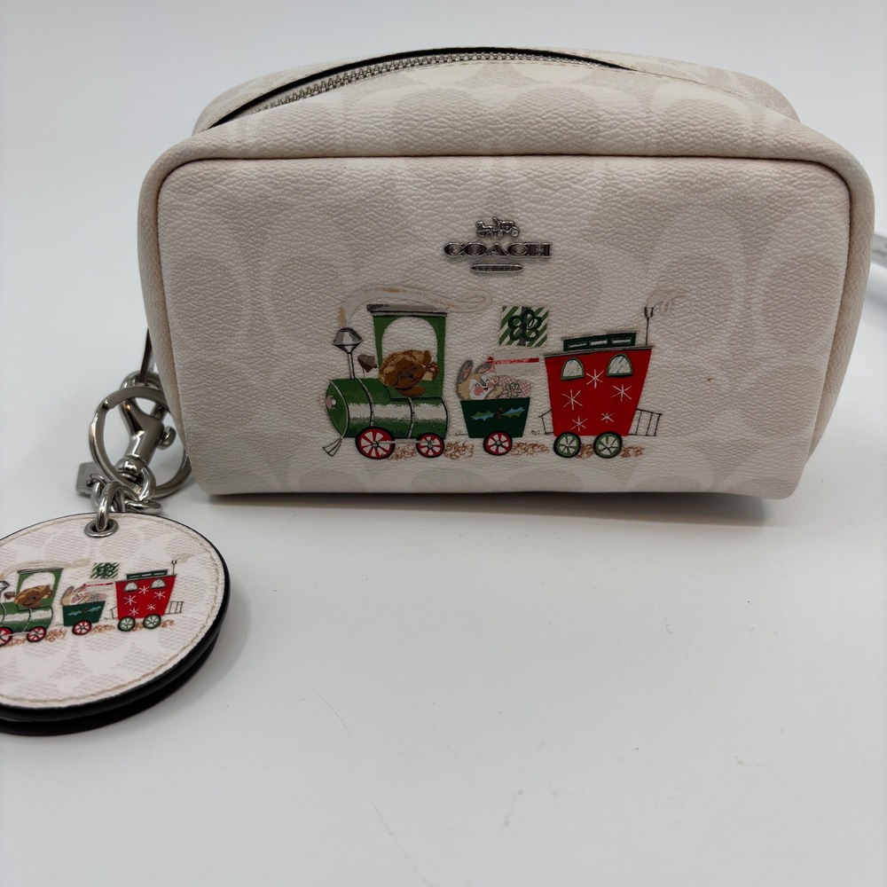 Coach Cosmetic Case Womens Small White Holiday Train Signature Canvas Mirror